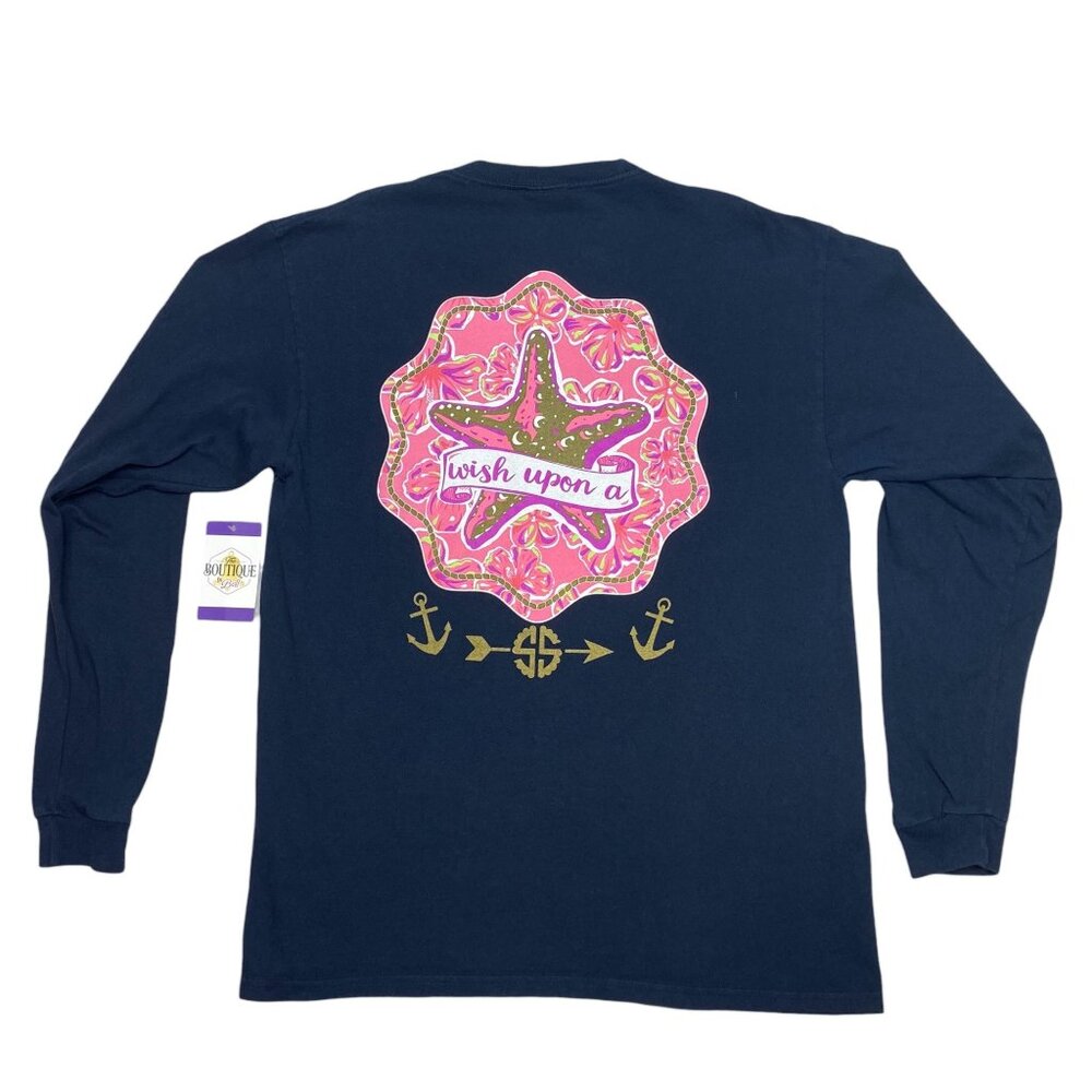Simply Southern Women L "Wish Upon A Starfish" Long Sleeve Shirt Blue Pink Gold
